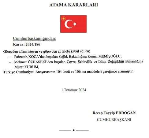 Yeni Sağlık Bakanı Kemal Memişoğlu, Çevre Bakanı Murat Kurum