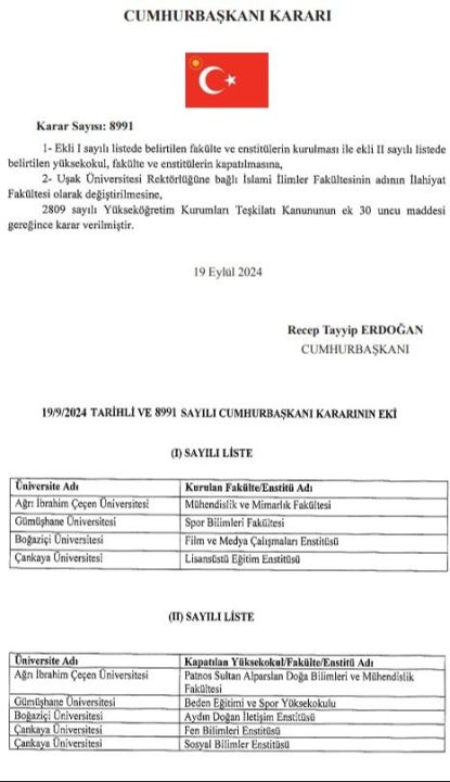 Resmi Gazetede Bazi Fakulte Ve Enstitulere Kapatilma Karari Yayimlandi 17267849127721 1