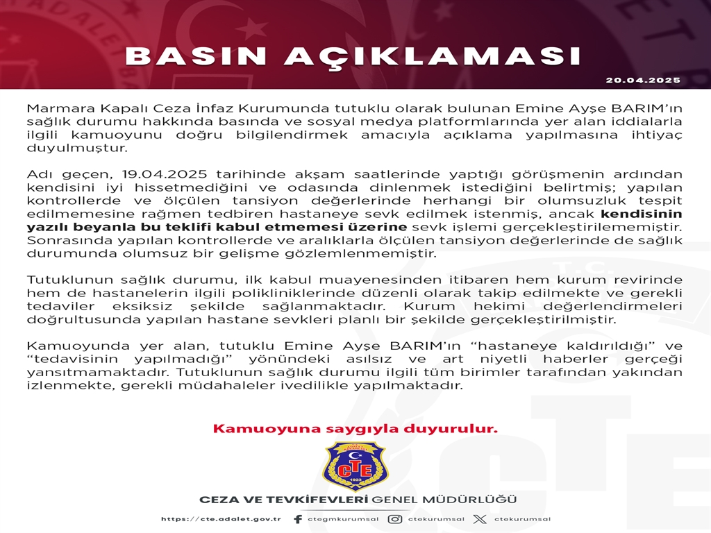Ceza Ve Tevkifevleri Genel Müdürlüğü’nden Ayşe Barım Açıklaması