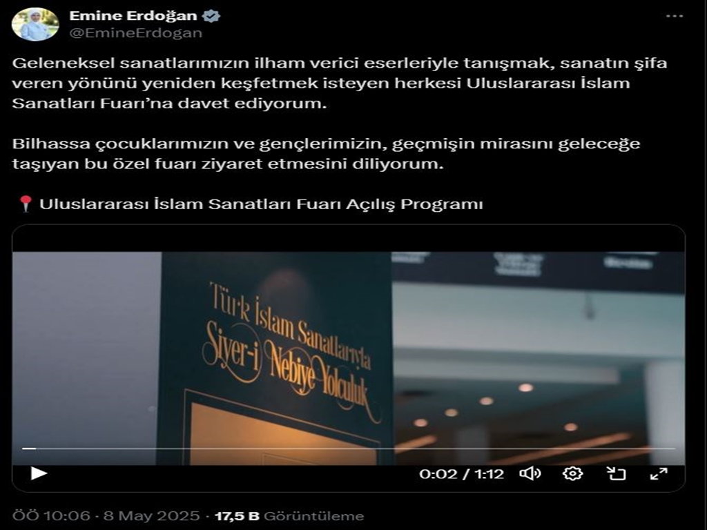 Emine Erdoğan'dan, 'Uluslararası İslam Sanatları Fuarı' Paylaşımı