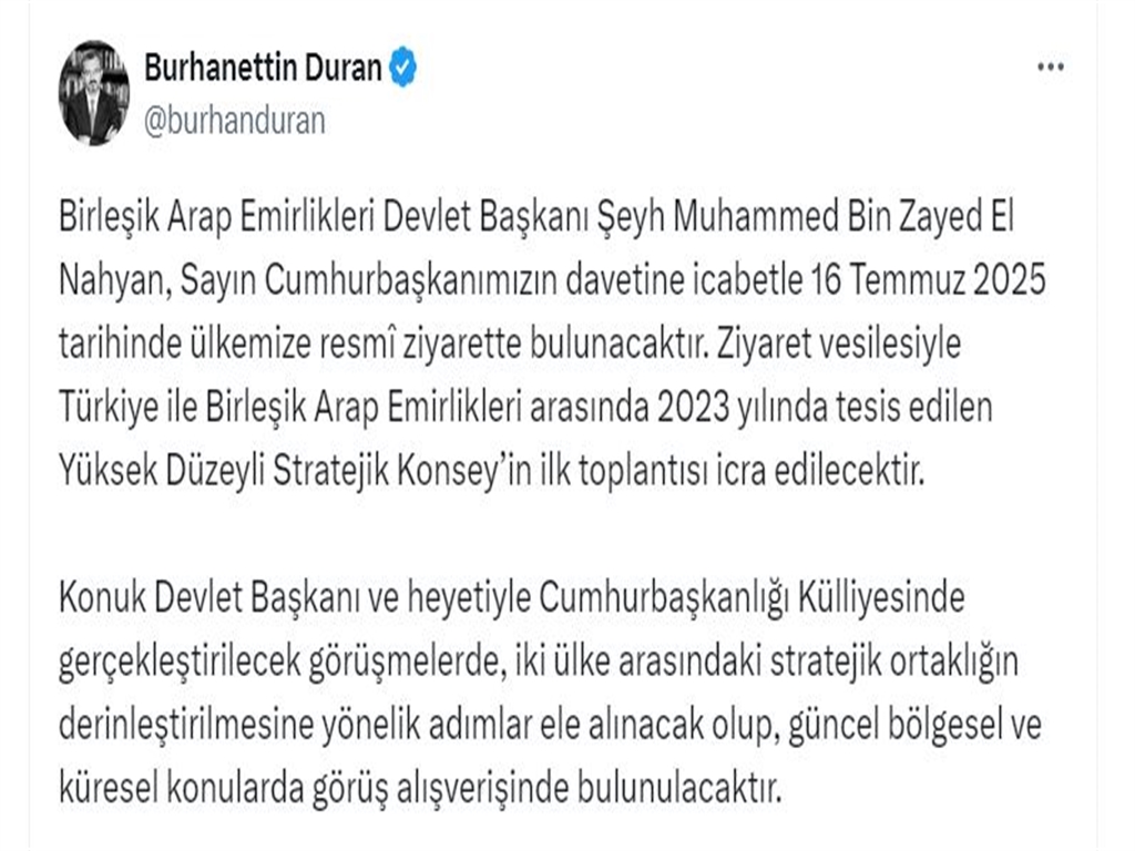 00000Bae Devlet Başkanı El Nahyan, Yarın Türkiye'ye Gelecek