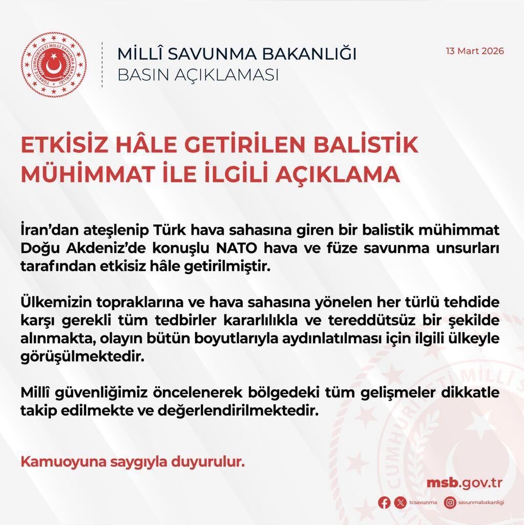 MSB: İran’dan Atılan Balistik Mühimmat Engellendi
